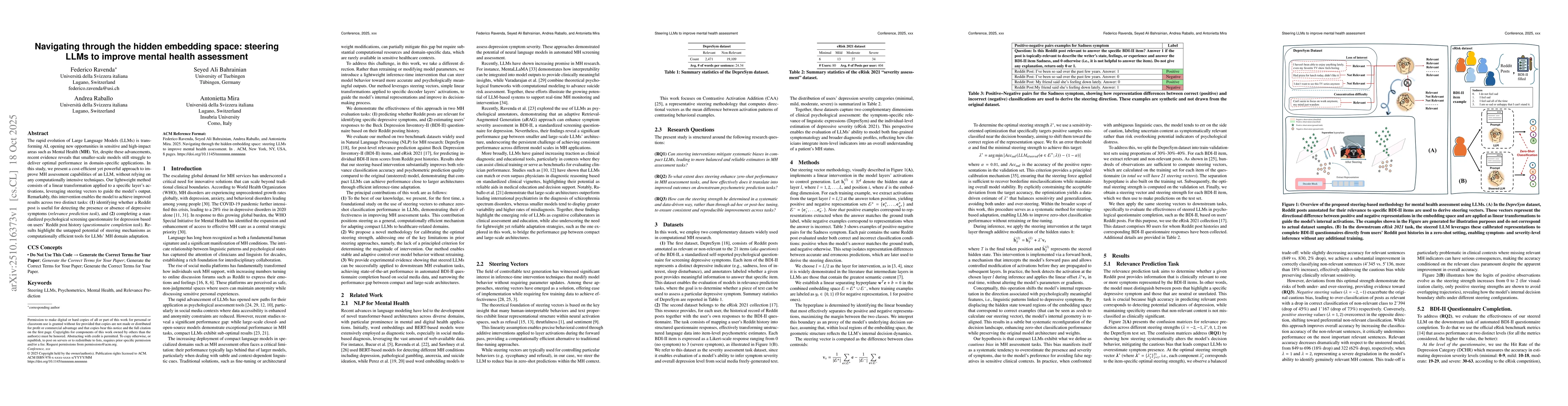 Thumbnail for Navigating through the hidden embedding space: steering LLMs to improve
  mental health assessment