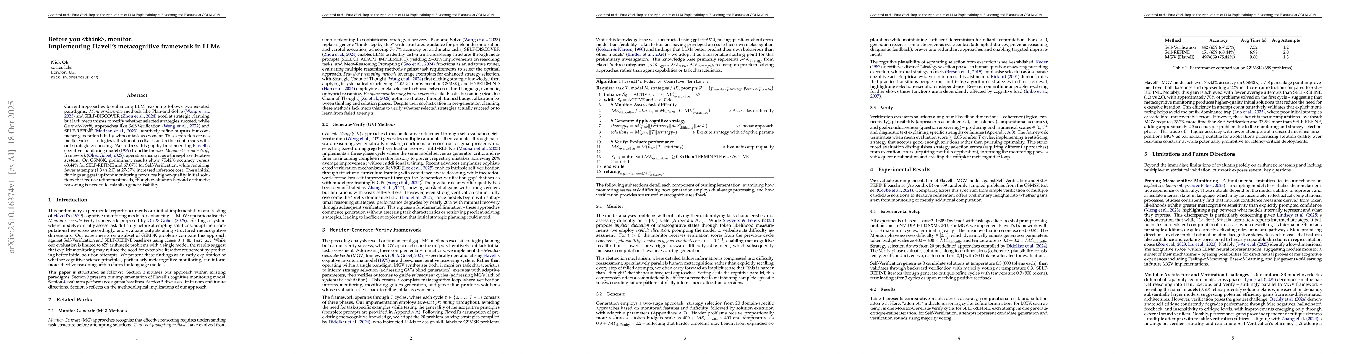 Thumbnail for Before you <think>, monitor: Implementing Flavell's metacognitive
  framework in LLMs