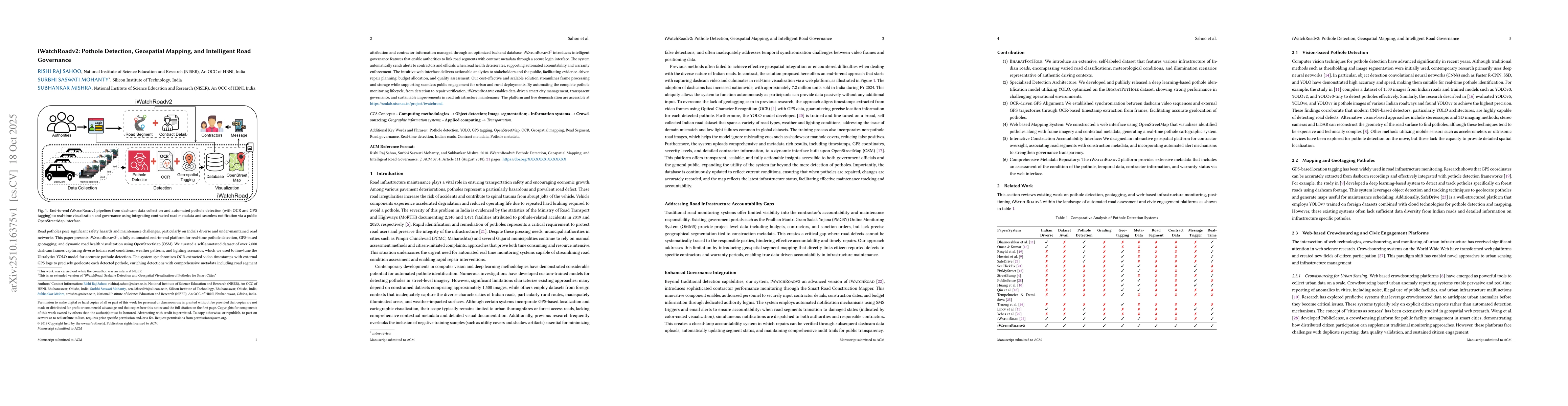 Thumbnail for iWatchRoadv2: Pothole Detection, Geospatial Mapping, and Intelligent
  Road Governance