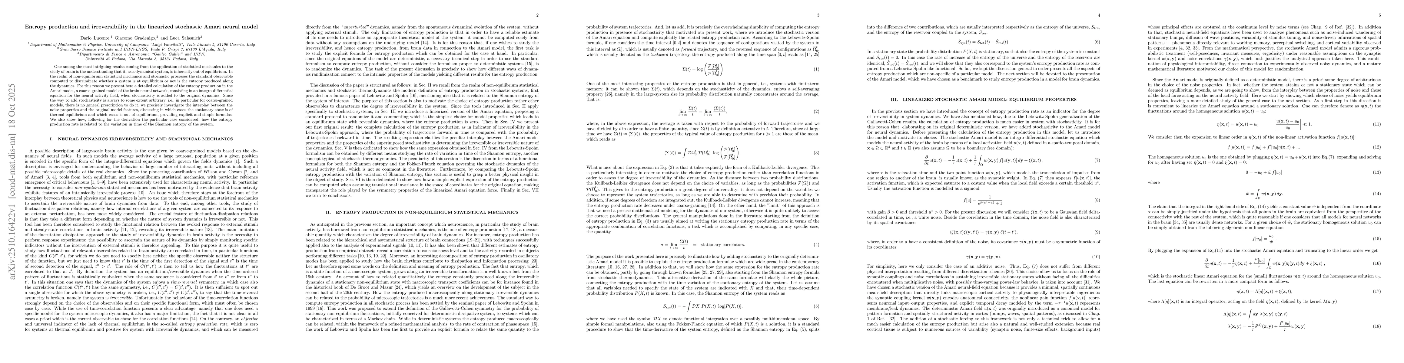 Thumbnail for Entropy production and irreversibility in the linearized stochastic
  Amari neural model