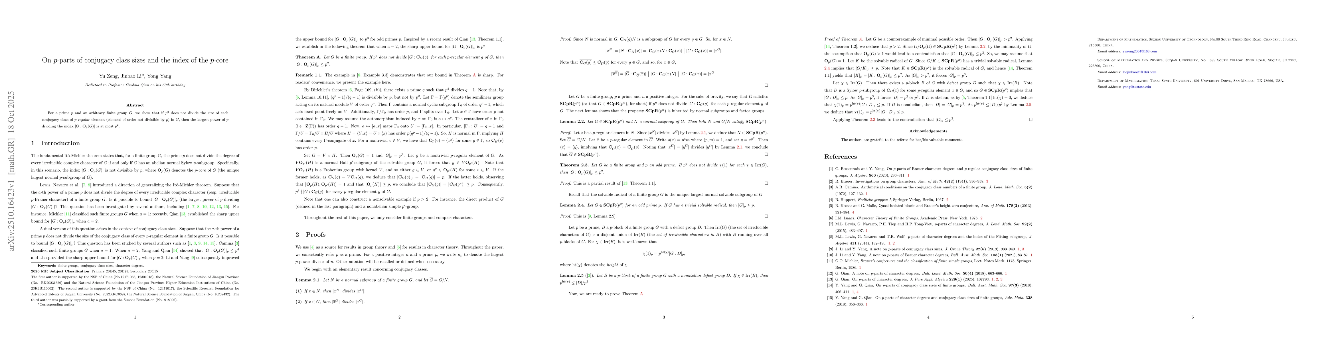 Thumbnail for On $p$-parts of conjugacy class sizes and the index of the $p$-core