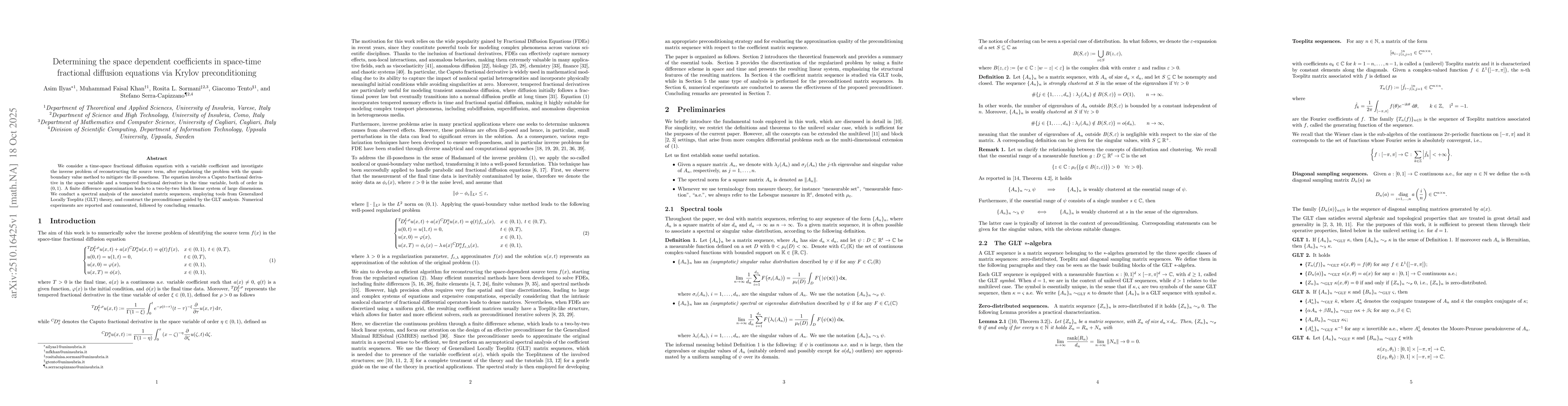 Thumbnail for Determining the space dependent coefficients in space-time fractional
  diffusion equations via Krylov preconditioning