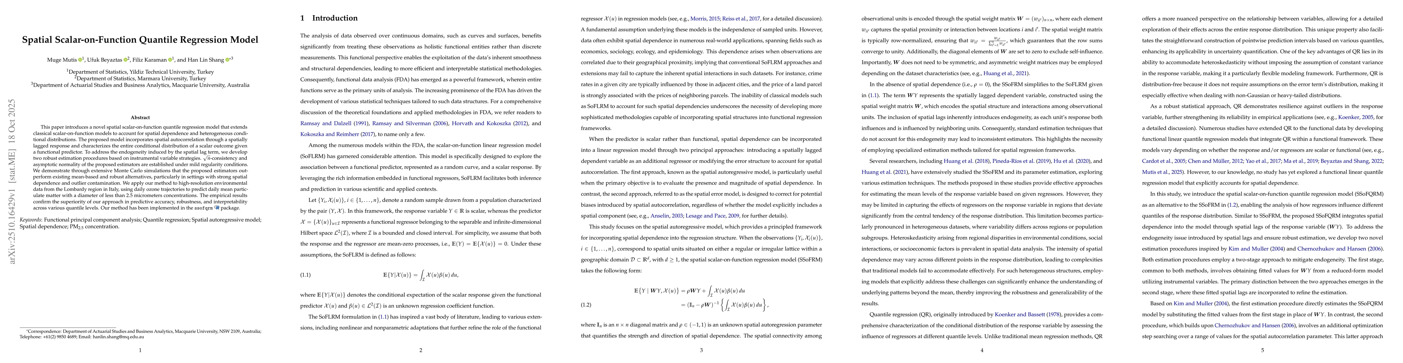 Thumbnail for Spatial Scalar-on-Function Quantile Regression Model