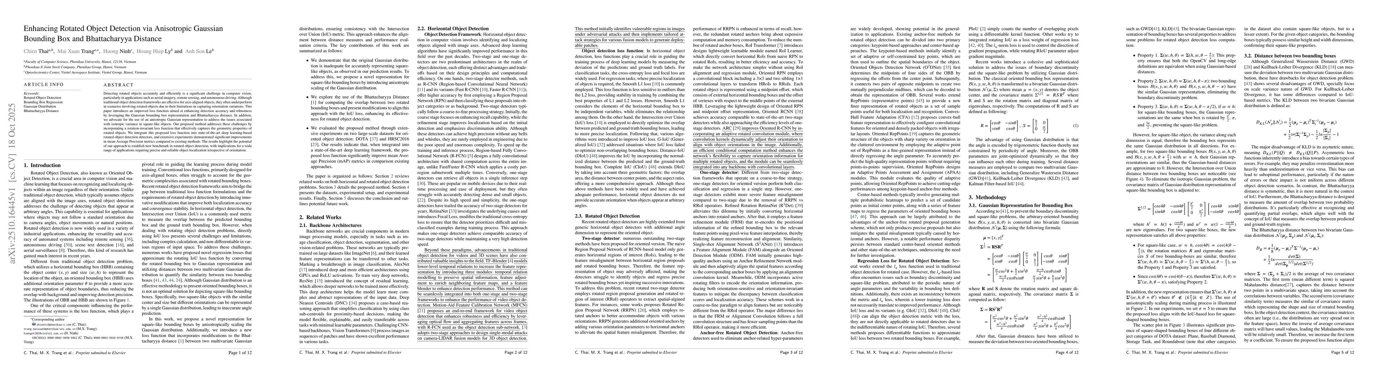 Thumbnail for Enhancing Rotated Object Detection via Anisotropic Gaussian Bounding Box
  and Bhattacharyya Distance