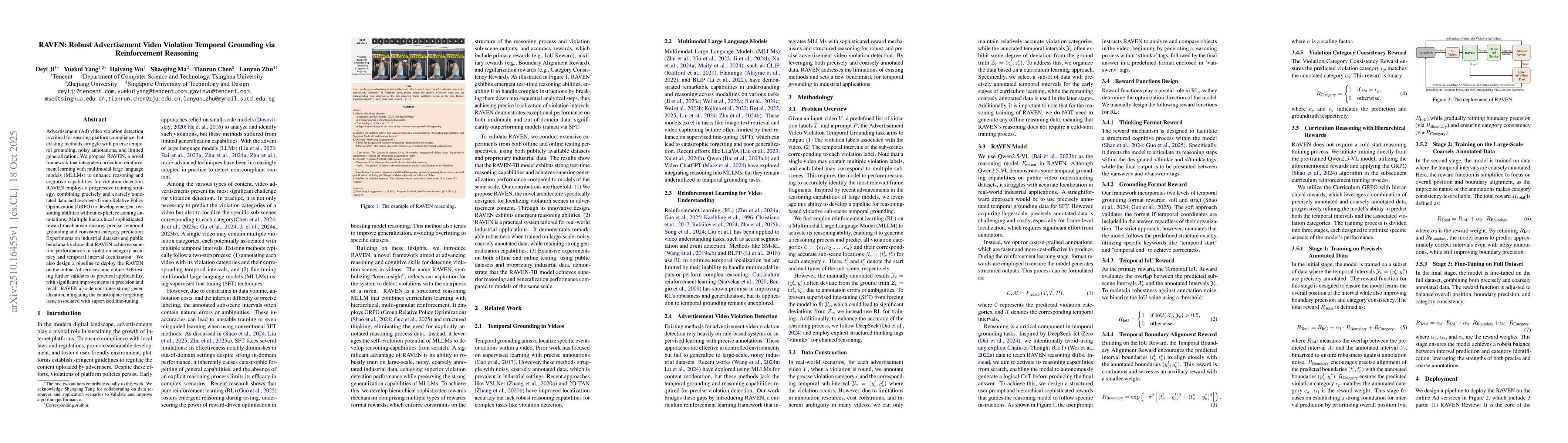 Thumbnail for RAVEN: Robust Advertisement Video Violation Temporal Grounding via
  Reinforcement Reasoning