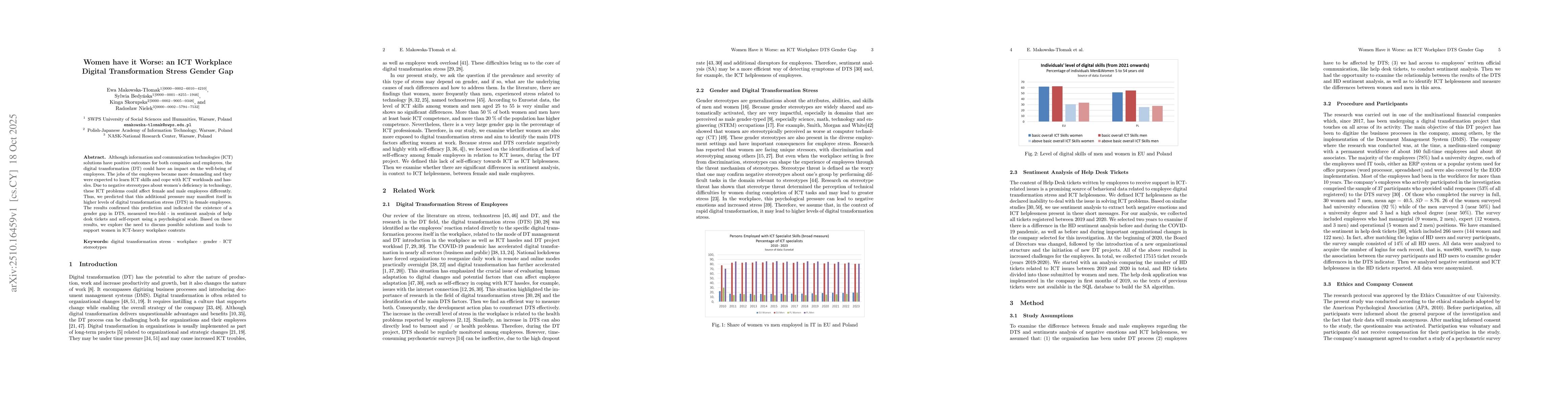 Thumbnail for Women have it Worse: an ICT Workplace Digital Transformation Stress
  Gender Gap