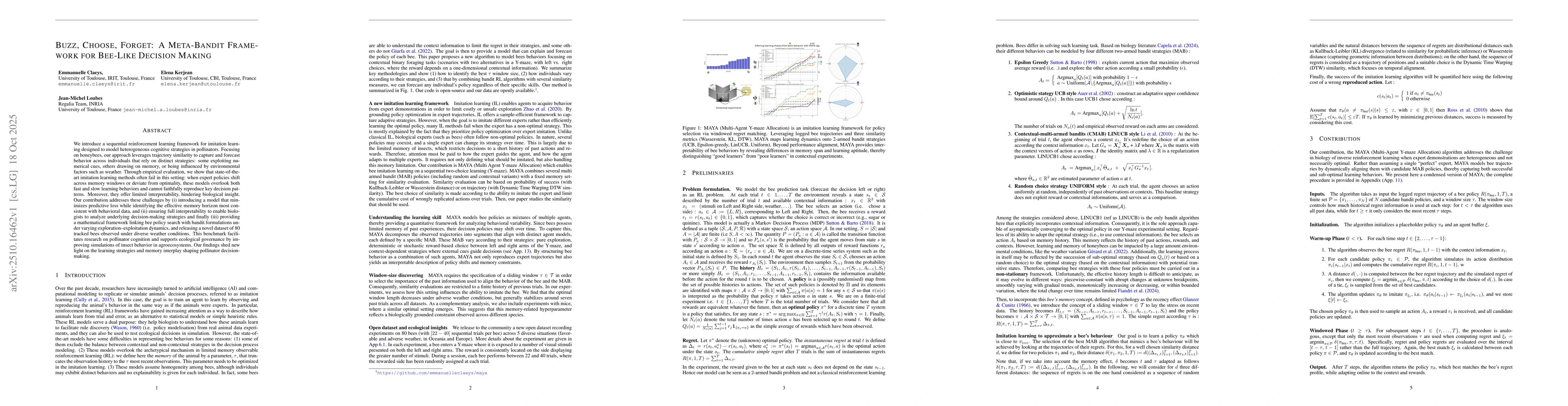 Thumbnail for Buzz, Choose, Forget: A Meta-Bandit Framework for Bee-Like Decision
  Making