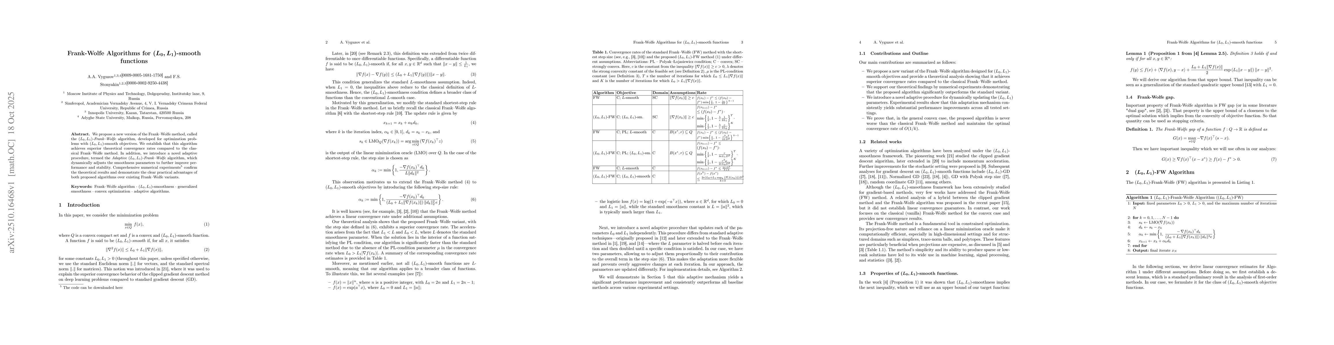 Thumbnail for Frank-Wolfe Algorithms for (L0, L1)-smooth functions