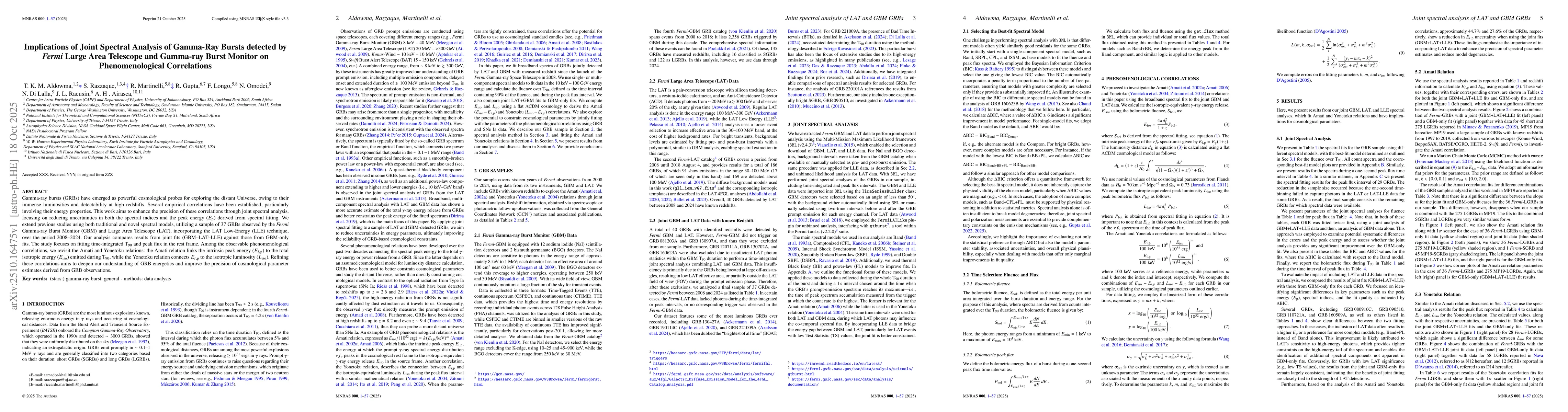 Thumbnail for Implications of Joint Spectral Analysis of Gamma-Ray Bursts detected by
  Fermi Large Area Telescope and Gamma-ray Burst Monitor on Phenomenological
  Correlations