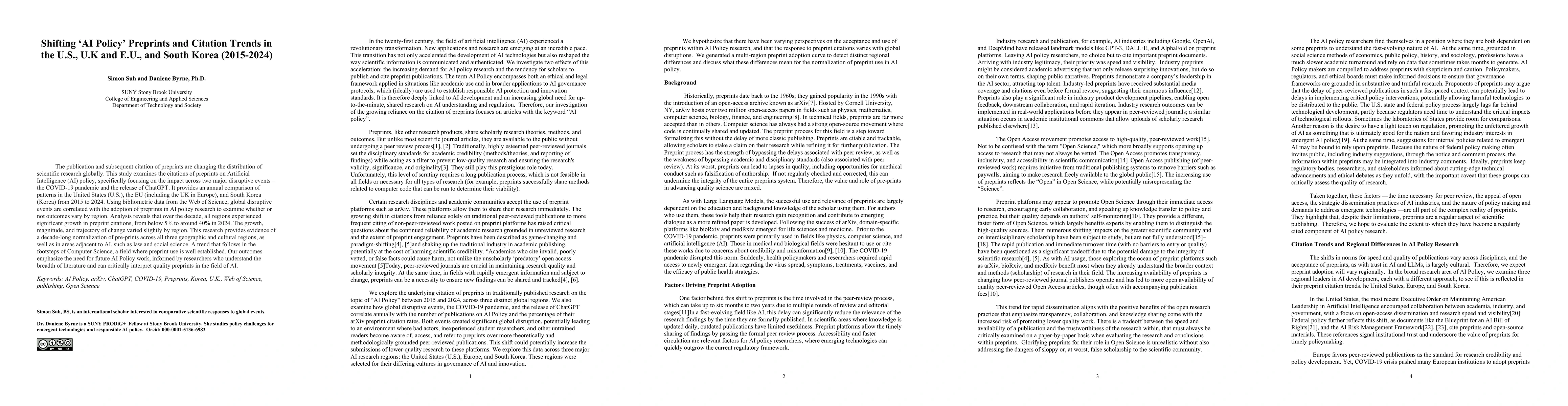 Thumbnail for Shifting 'AI Policy' Preprints and Citation Trends in the U.S., U.K and
  E.U., and South Korea (2015-2024)