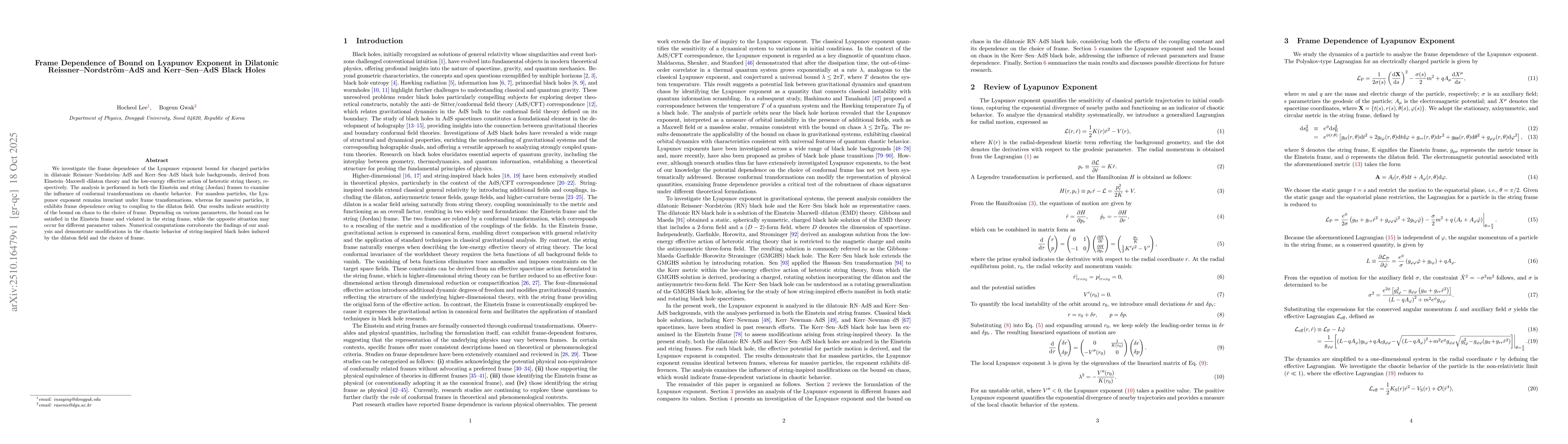 Thumbnail for Frame Dependence of Bound on Lyapunov Exponent in Dilatonic
  Reissner-Nordström-AdS and Kerr-Sen-AdS Black Holes