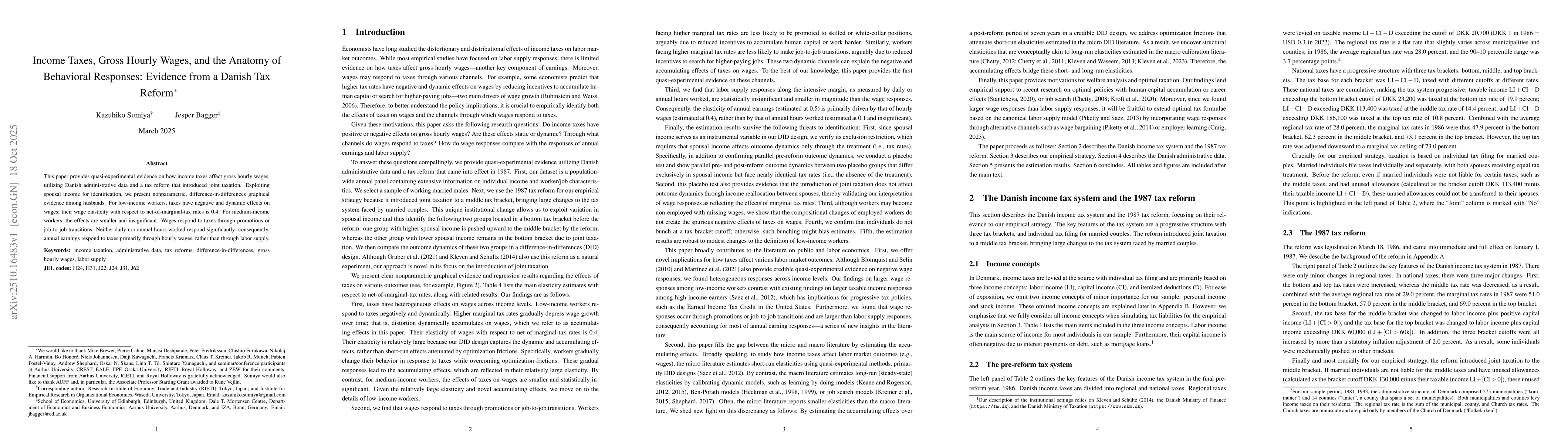Thumbnail for Income Taxes, Gross Hourly Wages, and the Anatomy of Behavioral
  Responses: Evidence from a Danish Tax Reform
