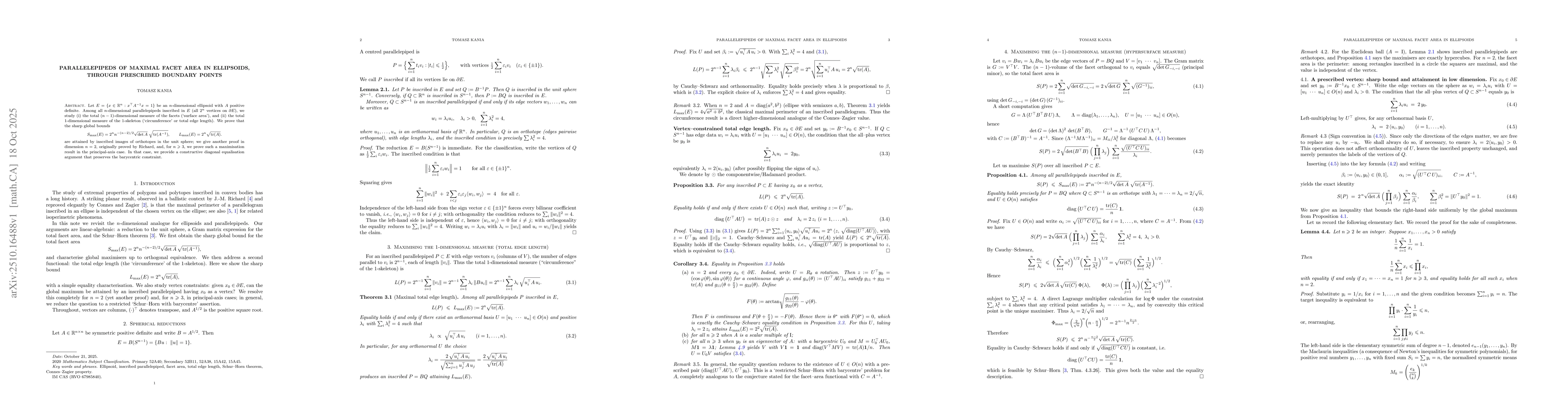 Thumbnail for Parallelepipeds of maximal facet area in ellipsoids, through prescribed
  boundary points