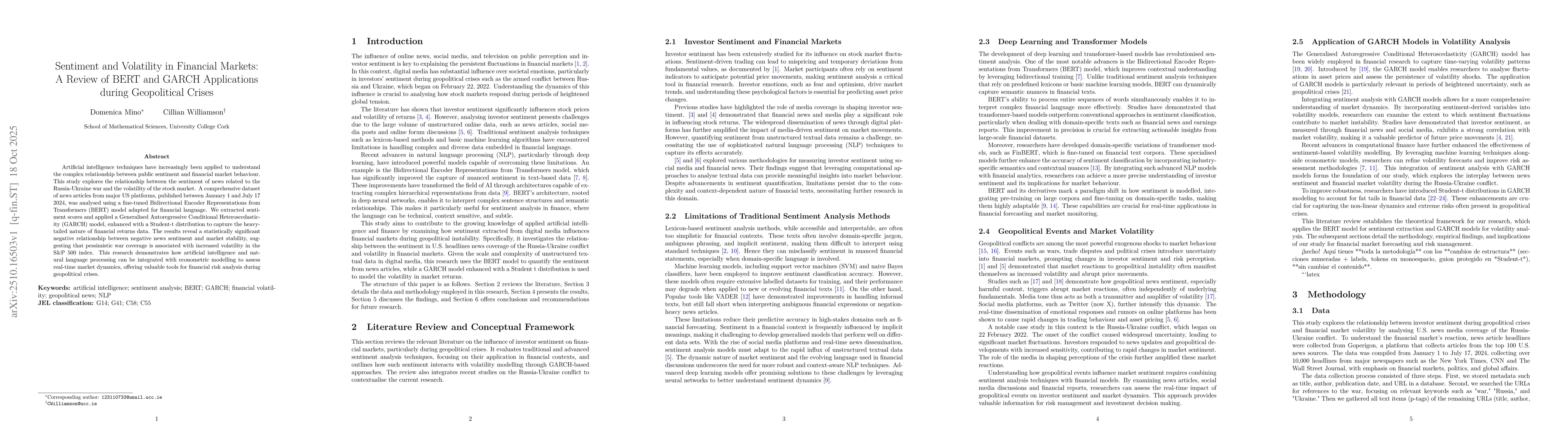 Thumbnail for Sentiment and Volatility in Financial Markets: A Review of BERT and
  GARCH Applications during Geopolitical Crises