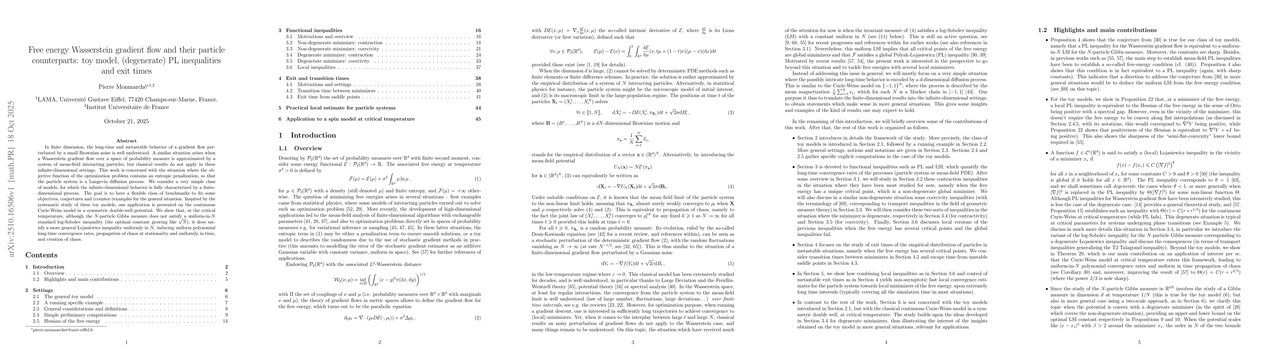 Thumbnail for Free energy Wasserstein gradient flow and their particle counterparts:
  toy model, (degenerate) PL inequalities and exit times