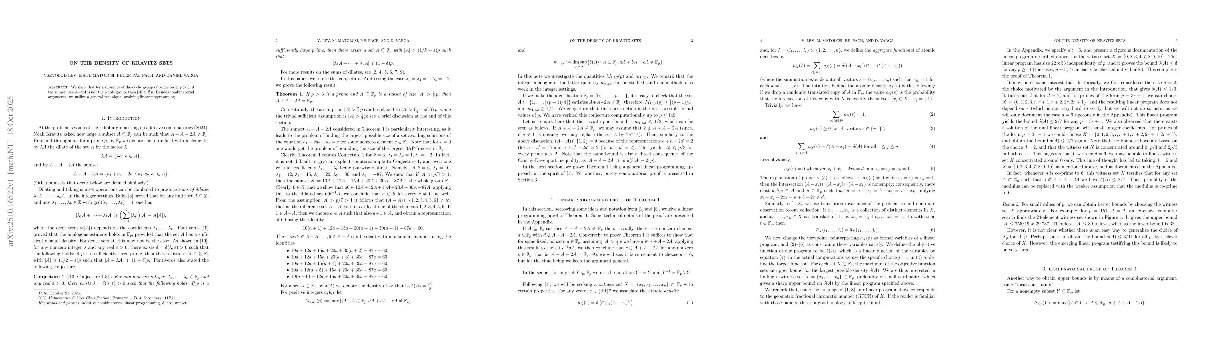 Thumbnail for On the density of Kravitz sets