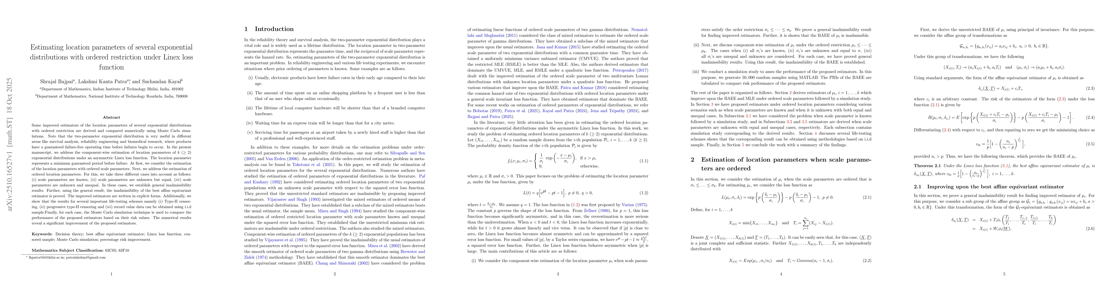 Thumbnail for Estimating location parameters of several exponential distributions with
  ordered restriction under Linex loss function