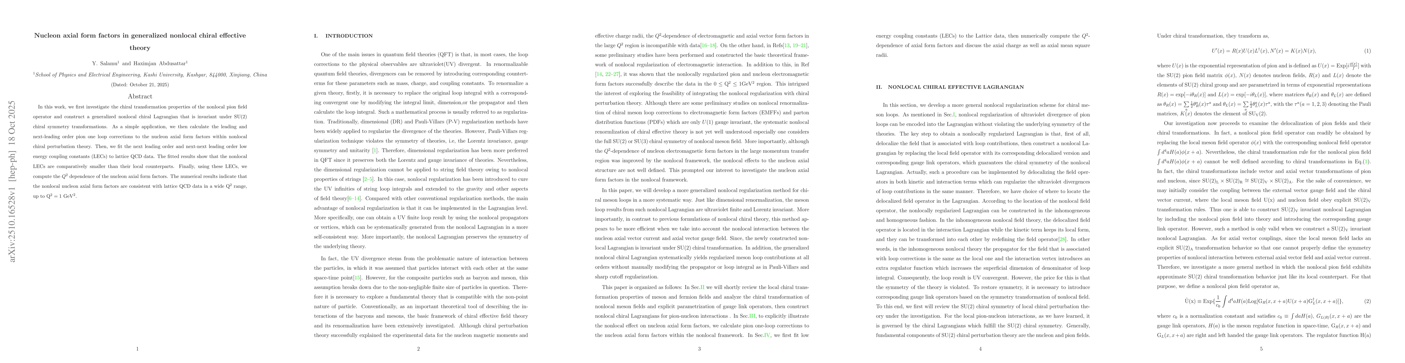 Thumbnail for Nucleon axial form factors in generalized nonlocal chiral effective
  theory