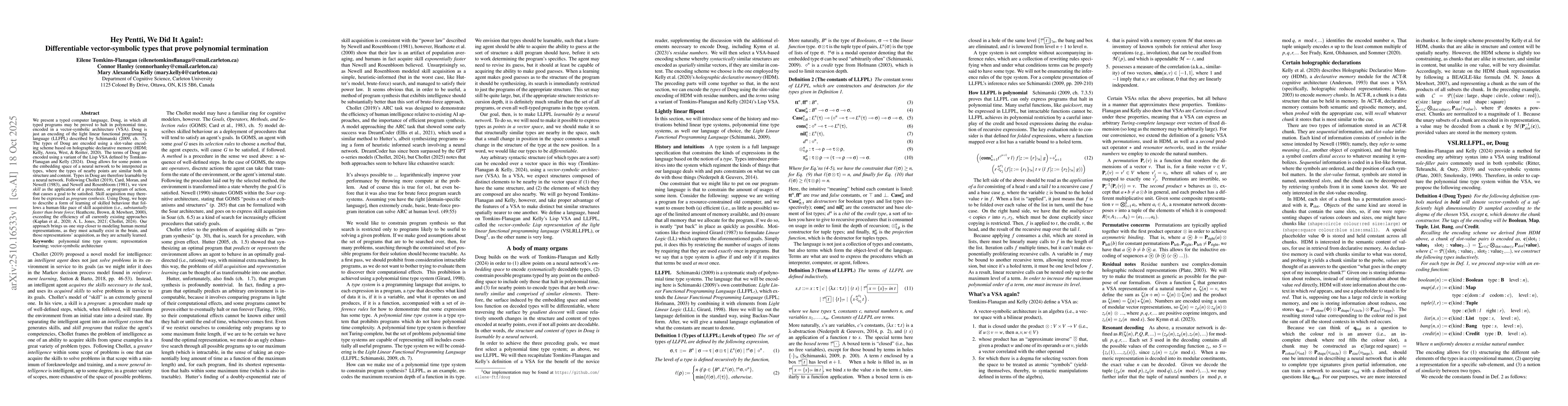 Thumbnail for Hey Pentti, We Did It Again!: Differentiable vector-symbolic types that
  prove polynomial termination