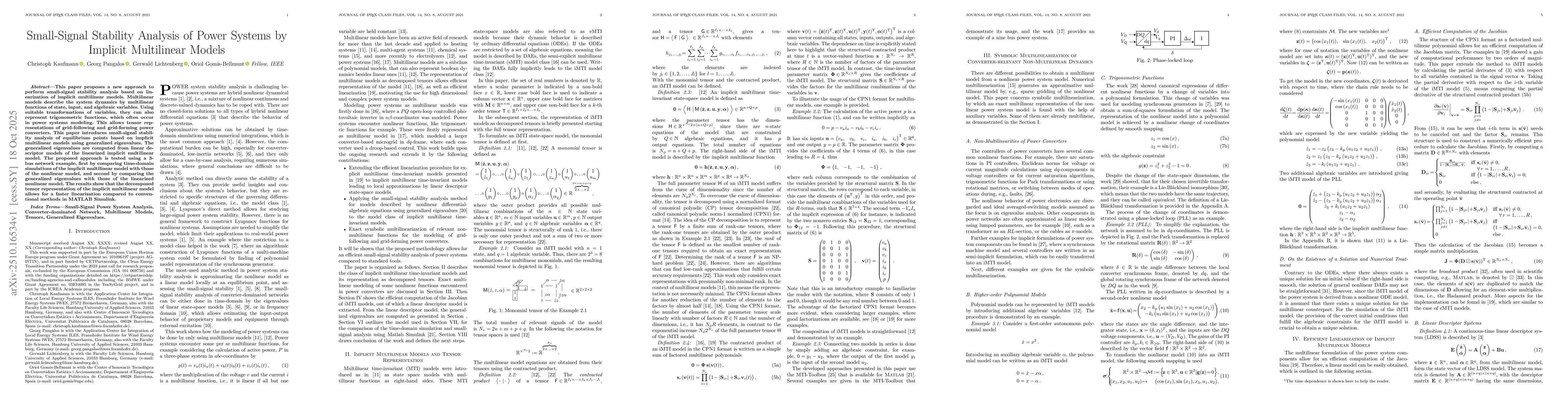 Thumbnail for Small-Signal Stability Analysis of Power Systems by Implicit Multilinear
  Models