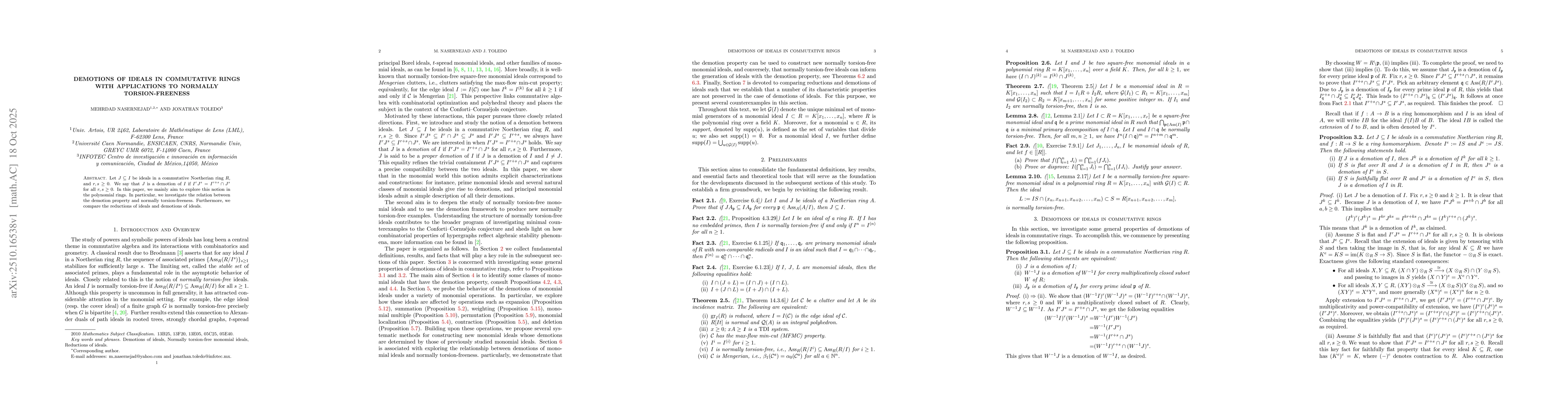 Thumbnail for Demotions of ideals in commutative rings with applications to normally
  torsion-freeness