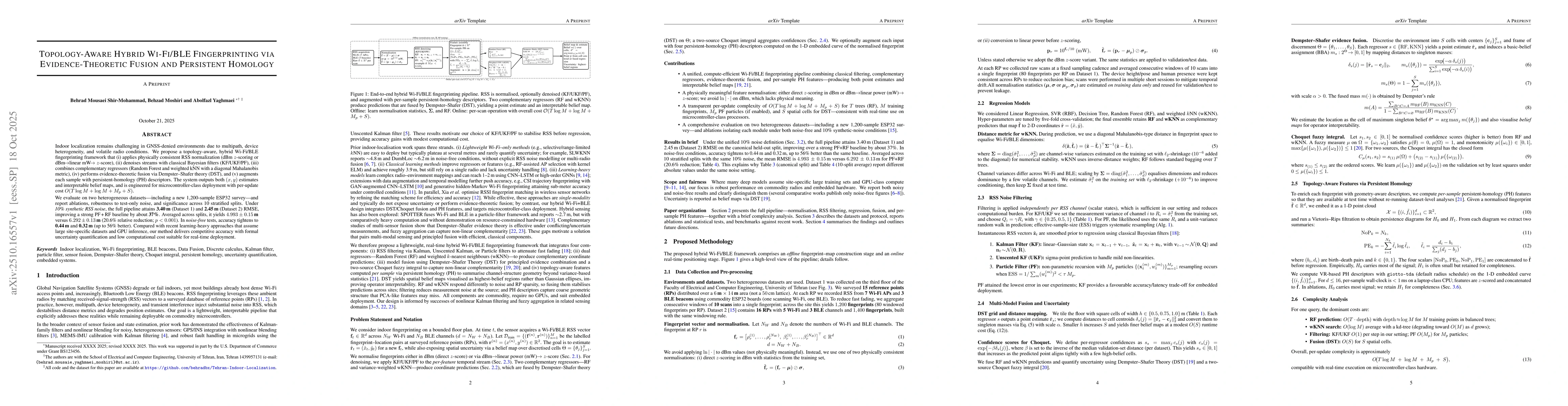 Thumbnail for Topology-Aware Hybrid Wi-Fi/BLE Fingerprinting via Evidence-Theoretic
  Fusion and Persistent Homology