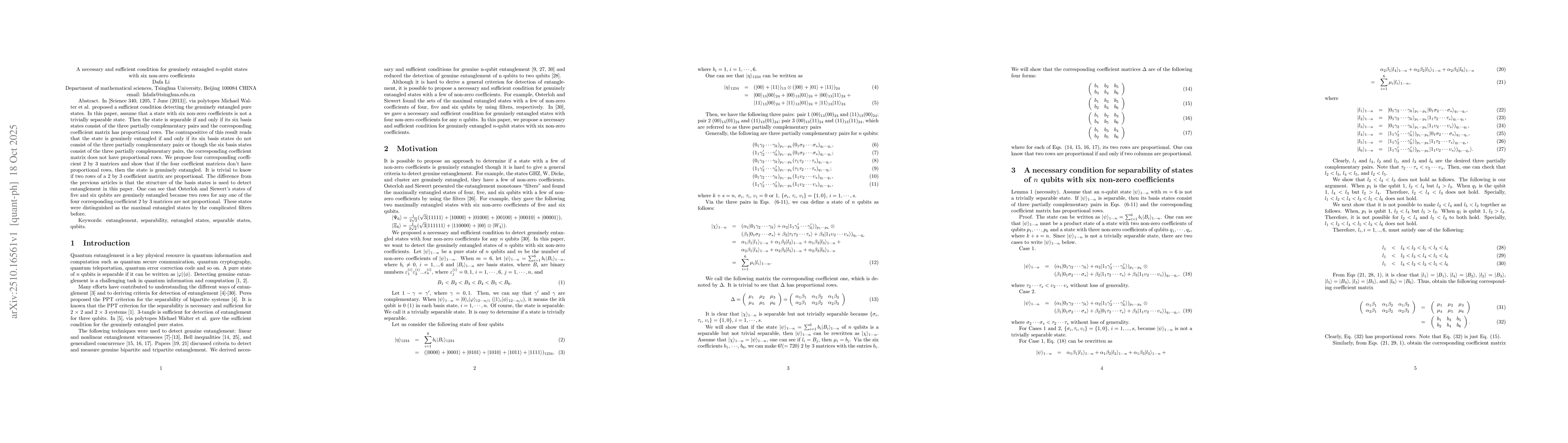 Thumbnail for A necessary and sufficient condition for genuinely entangled n-qubit
  states with six non-zero coefficients