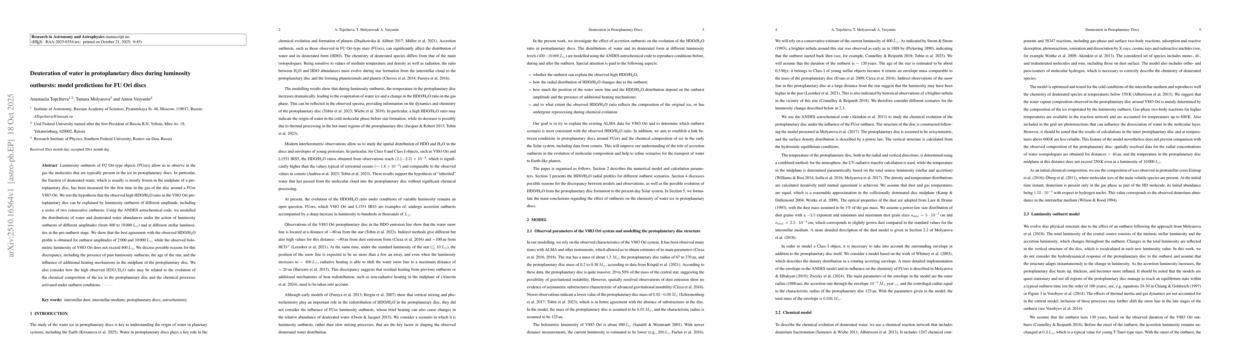 Thumbnail for Deuteration of water in protoplanetary discs during luminosity
  outbursts: model predictions for FU Ori discs
