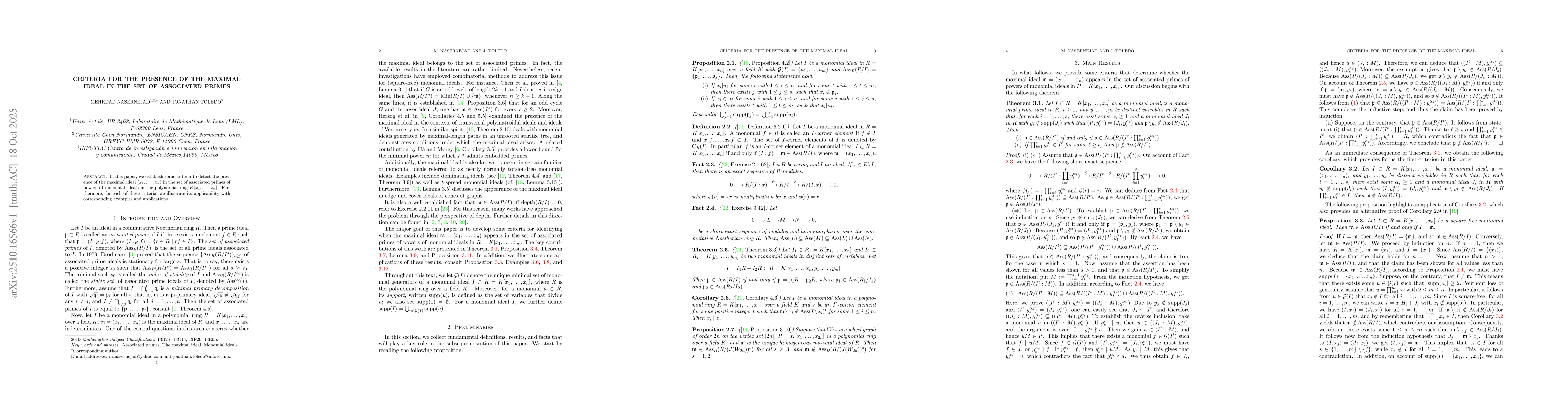 Thumbnail for Criteria for the presence of the maximal ideal in the set of associated
  primes