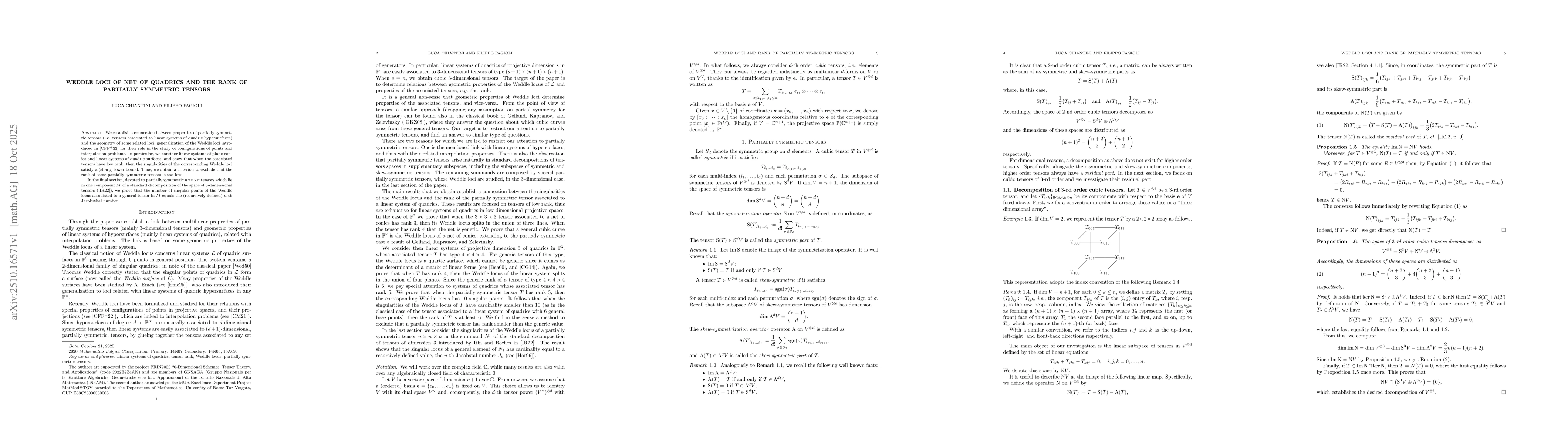 Thumbnail for Weddle loci of net of quadrics and the rank of partially symmetric
  tensors