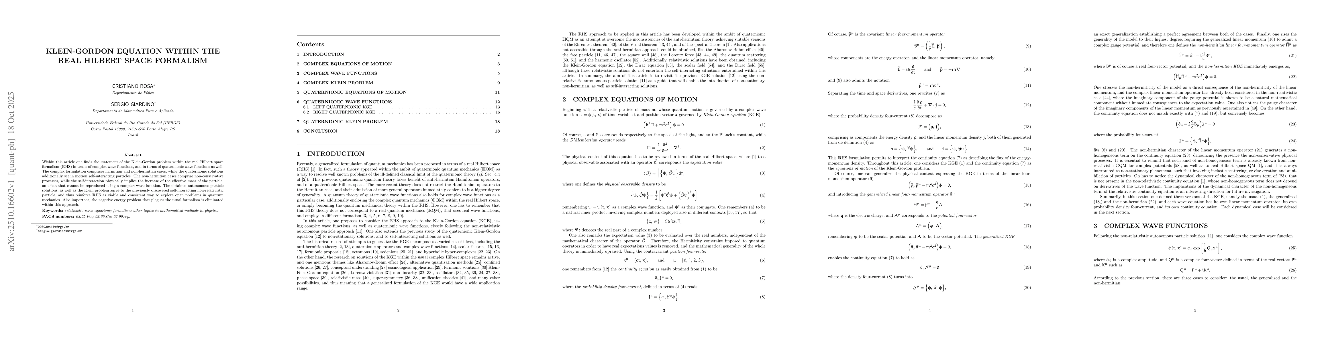 Thumbnail for Klein-Gordon equation within the real Hilbert space formalism