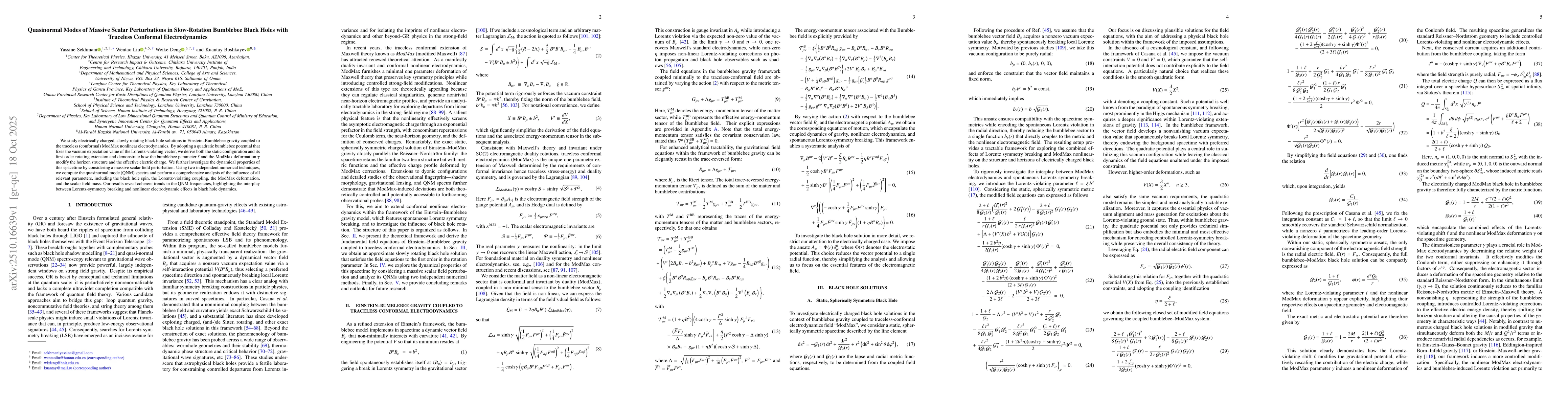 Thumbnail for Quasinormal Modes of Massive Scalar Perturbations in Slow-Rotation
  Bumblebee Black Holes with Traceless Conformal Electrodynamics