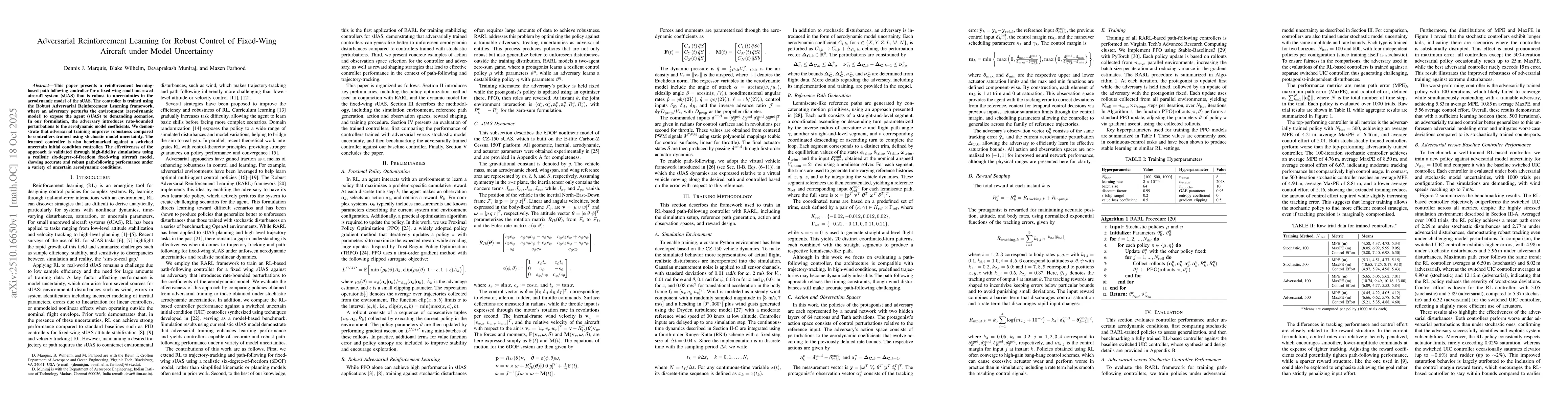 Thumbnail for Adversarial Reinforcement Learning for Robust Control of Fixed-Wing
  Aircraft under Model Uncertainty