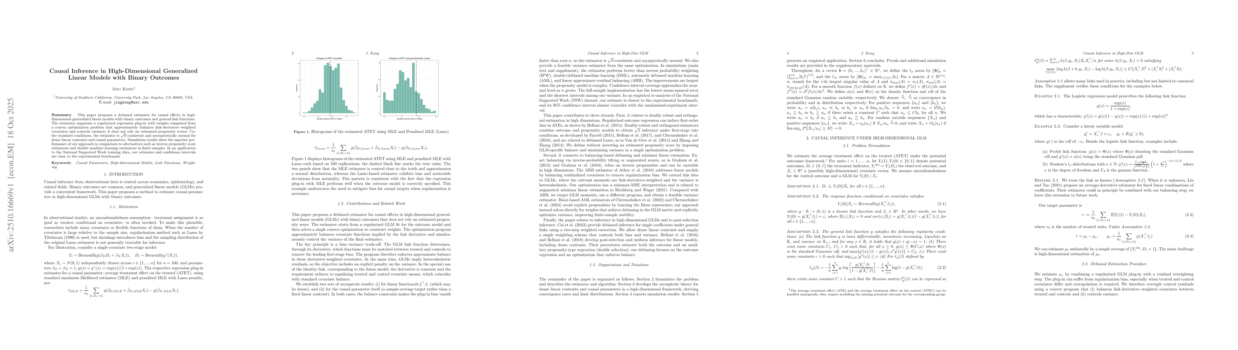 Thumbnail for Causal Inference in High-Dimensional Generalized Linear Models with
  Binary Outcomes