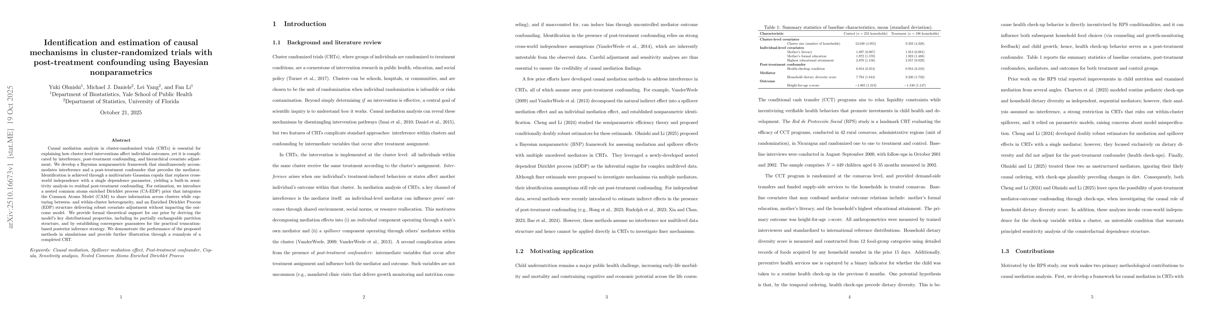 Thumbnail for Identification and estimation of causal mechanisms in cluster-randomized
  trials with post-treatment confounding using Bayesian nonparametrics