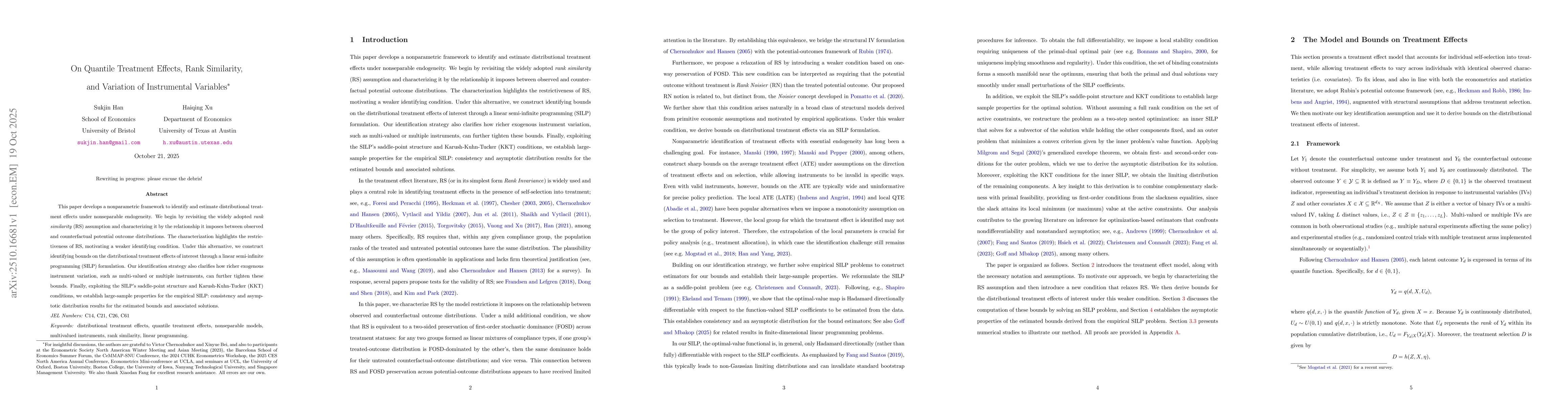 Thumbnail for On Quantile Treatment Effects, Rank Similarity,and Variation of
  Instrumental Variables