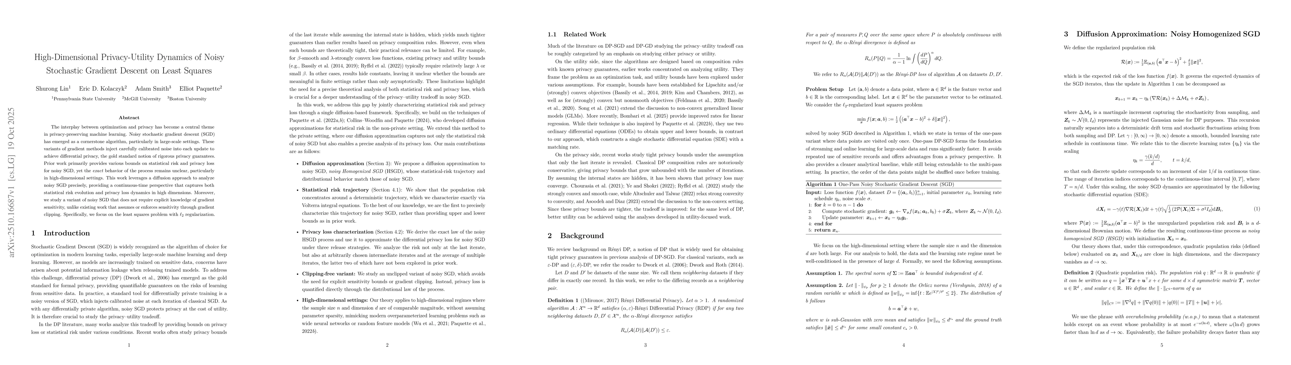 Thumbnail for High-Dimensional Privacy-Utility Dynamics of Noisy Stochastic Gradient
  Descent on Least Squares
