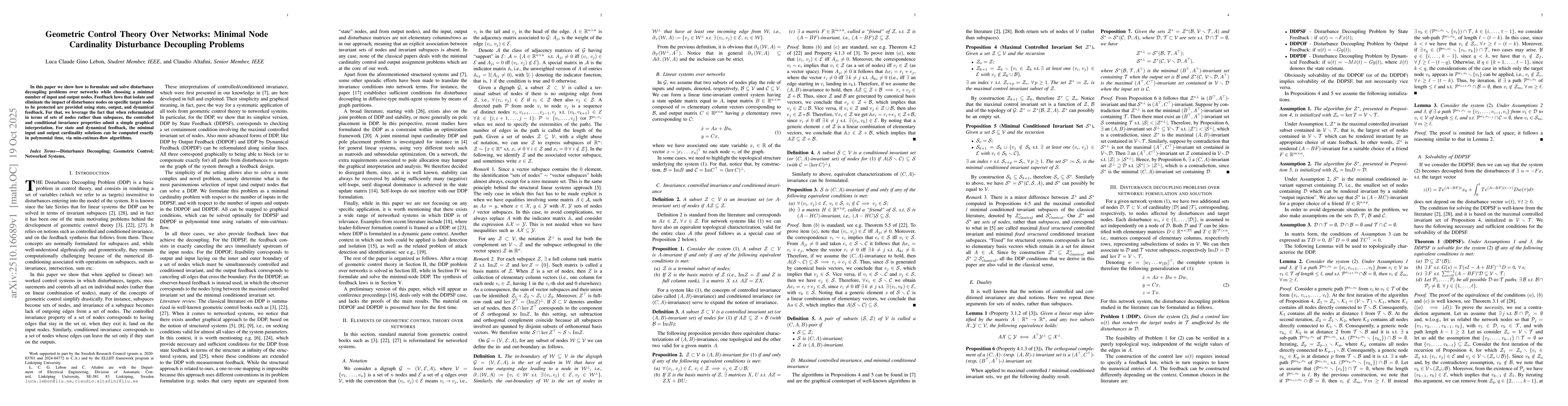 Thumbnail for Geometric Control Theory Over Networks: Minimal Node Cardinality
  Disturbance Decoupling Problems