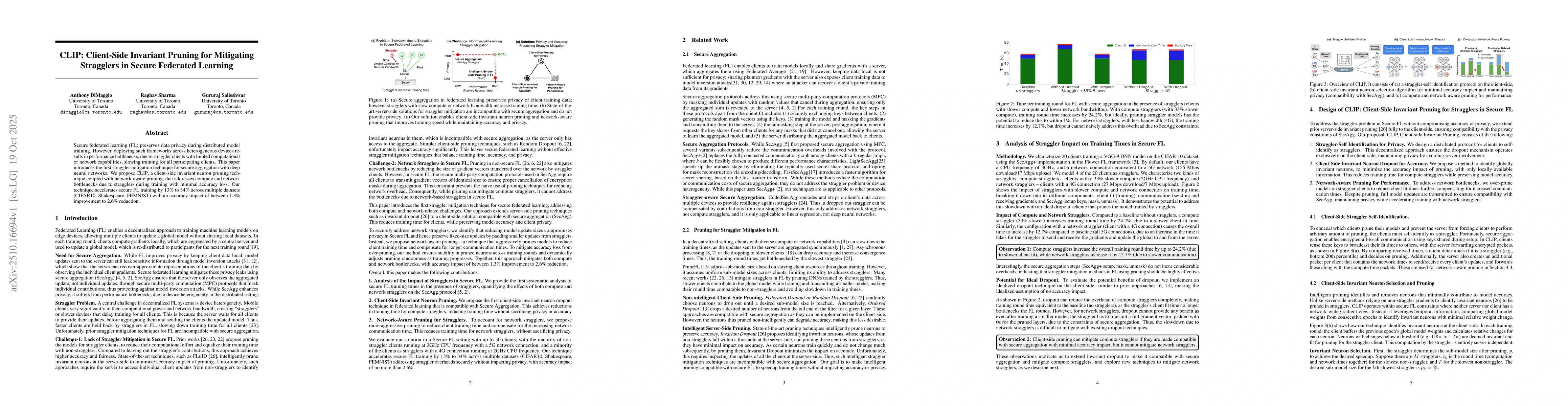 Thumbnail for CLIP: Client-Side Invariant Pruning for Mitigating Stragglers in Secure
  Federated Learning