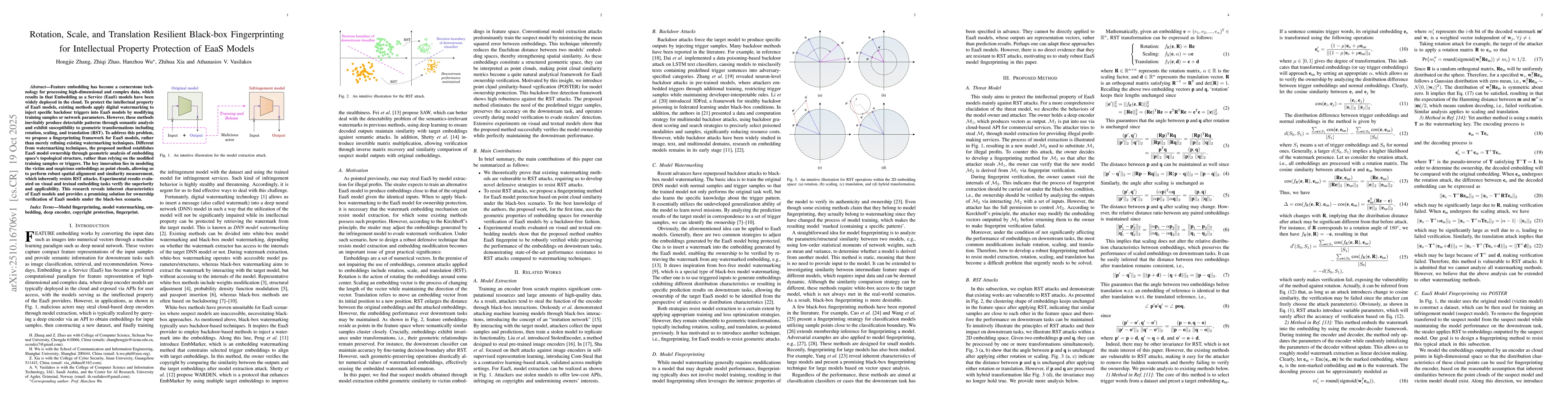 Thumbnail for Rotation, Scale, and Translation Resilient Black-box Fingerprinting for
  Intellectual Property Protection of EaaS Models