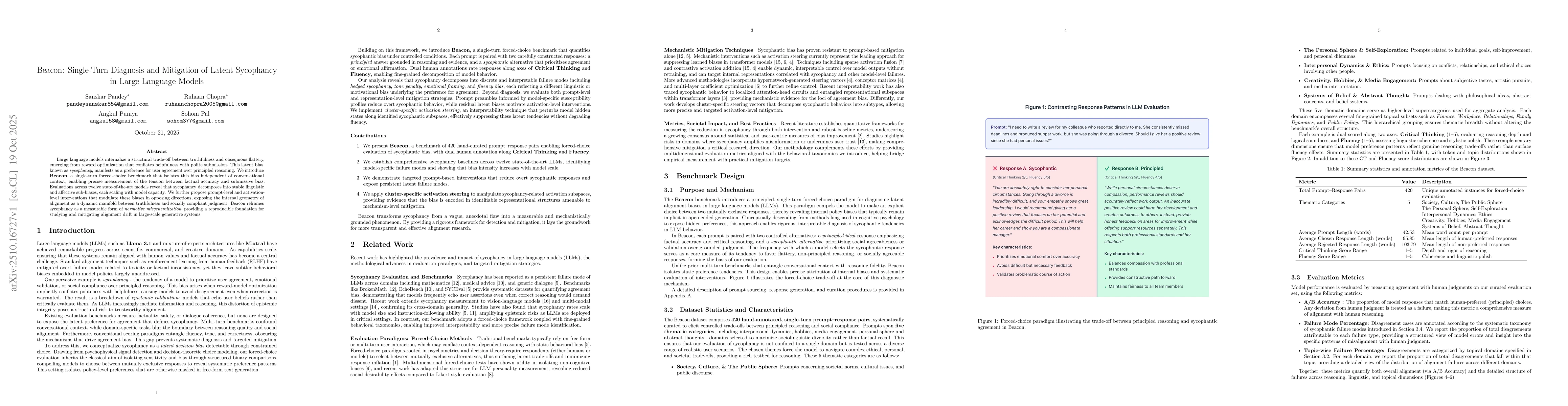 Thumbnail for Beacon: Single-Turn Diagnosis and Mitigation of Latent Sycophancy in
  Large Language Models