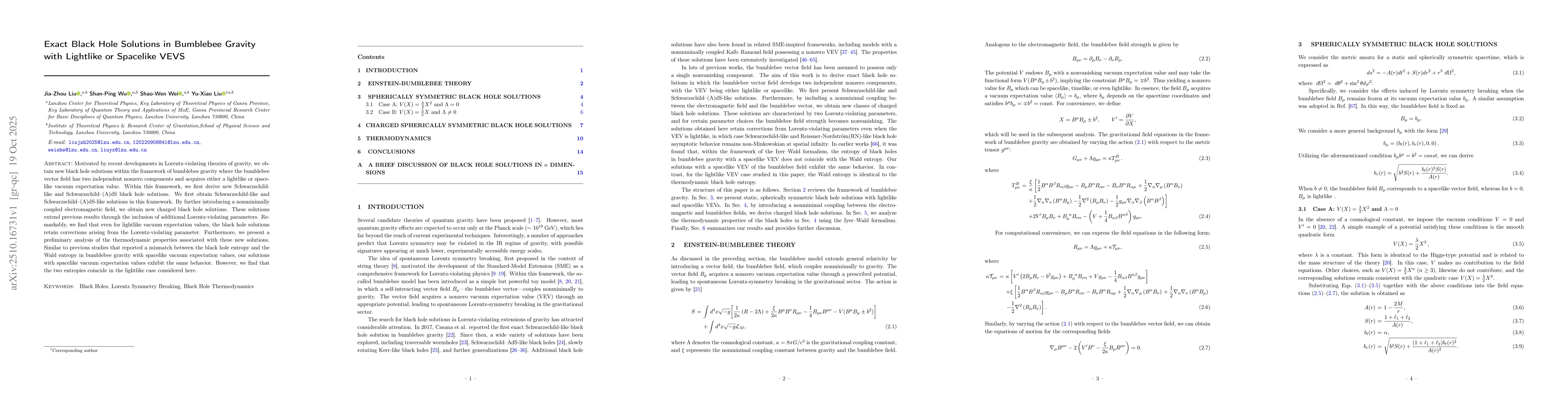 Thumbnail for Exact Black Hole Solutions in Bumblebee Gravity with Lightlike or
  Spacelike VEVS