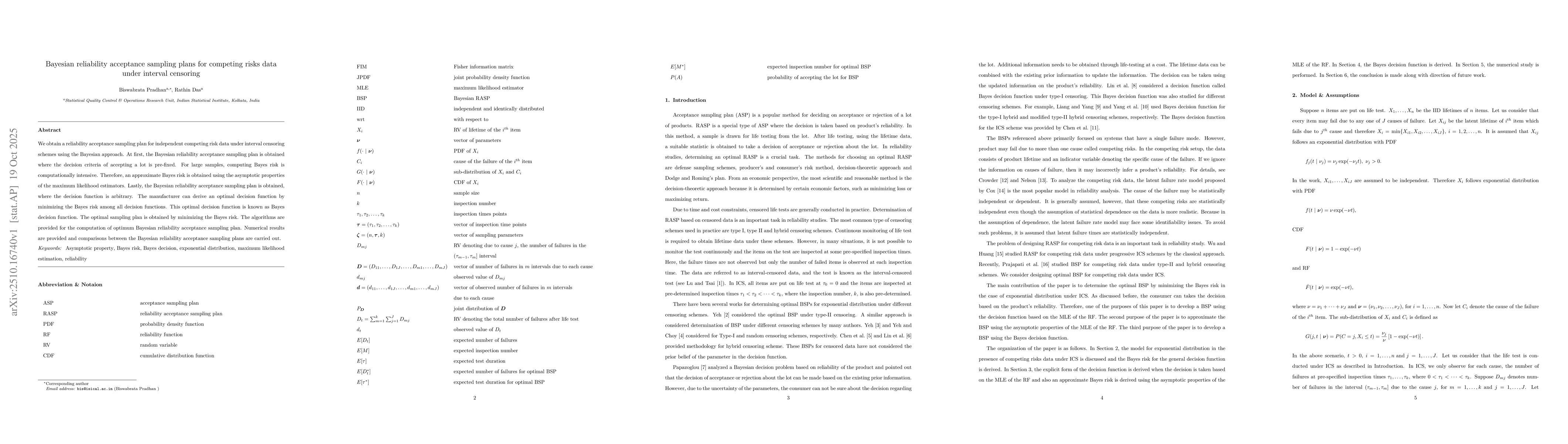 Thumbnail for Bayesian reliability acceptance sampling plans for competing risks data
  under interval censoring