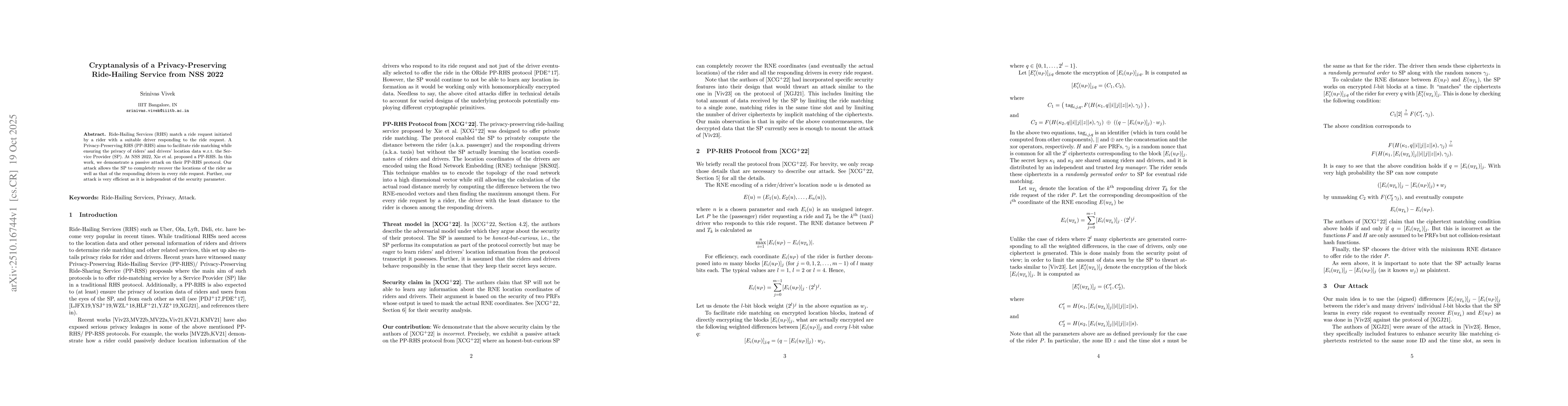 Thumbnail for Cryptanalysis of a Privacy-Preserving Ride-Hailing Service from NSS 2022