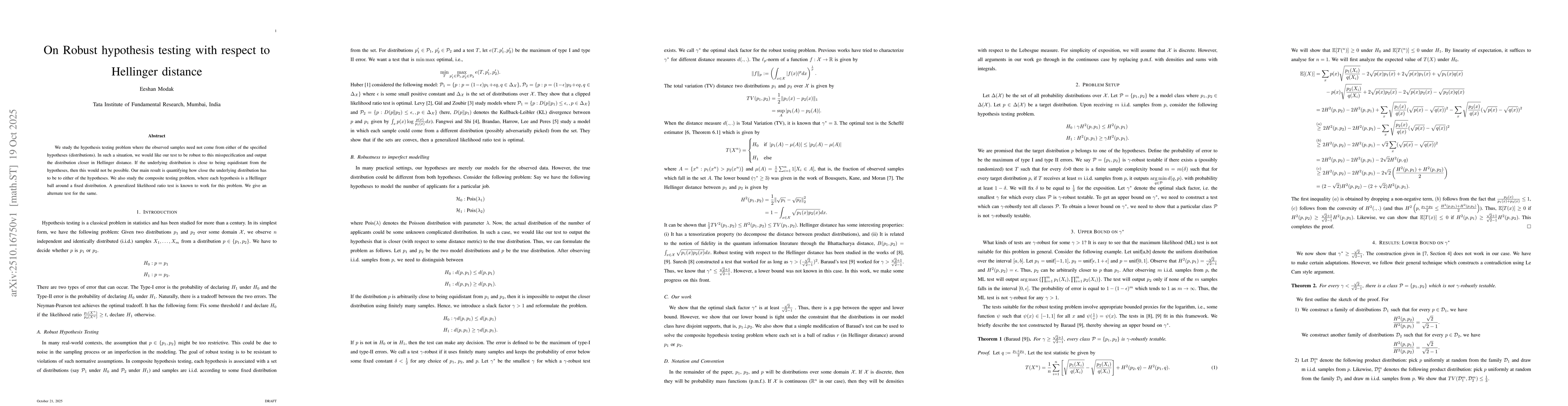 Thumbnail for On Robust hypothesis testing with respect to Hellinger distance
