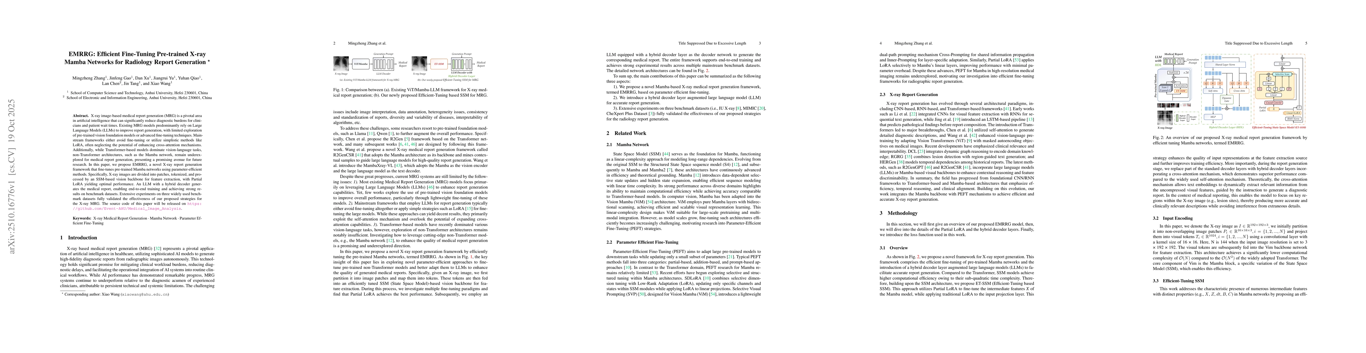 Thumbnail for EMRRG: Efficient Fine-Tuning Pre-trained X-ray Mamba Networks for
  Radiology Report Generation