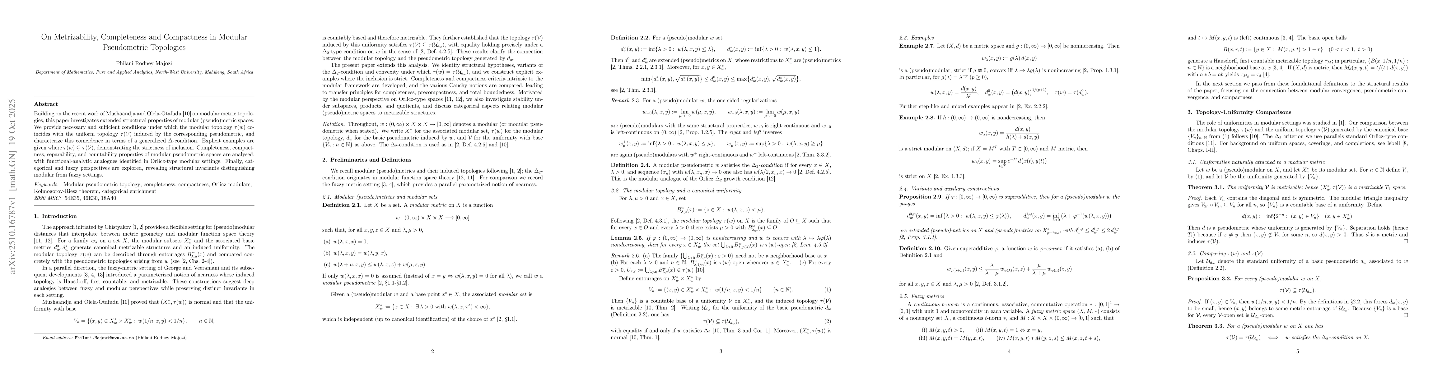Thumbnail for On Metrizability, Completeness and Compactness in Modular Pseudometric
  Topologies