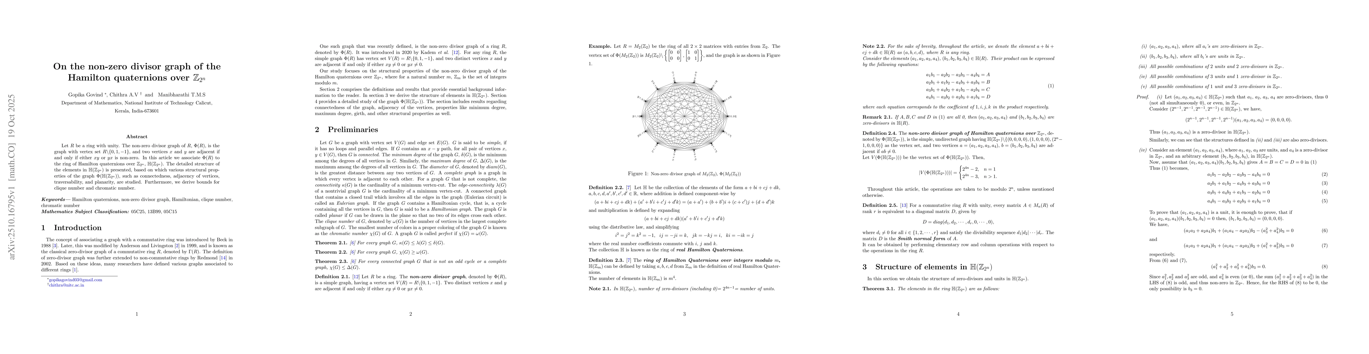 Thumbnail for On the non-zero divisor graph of the Hamilton quaternions over $\mathbb
  Z_{2^n}$
