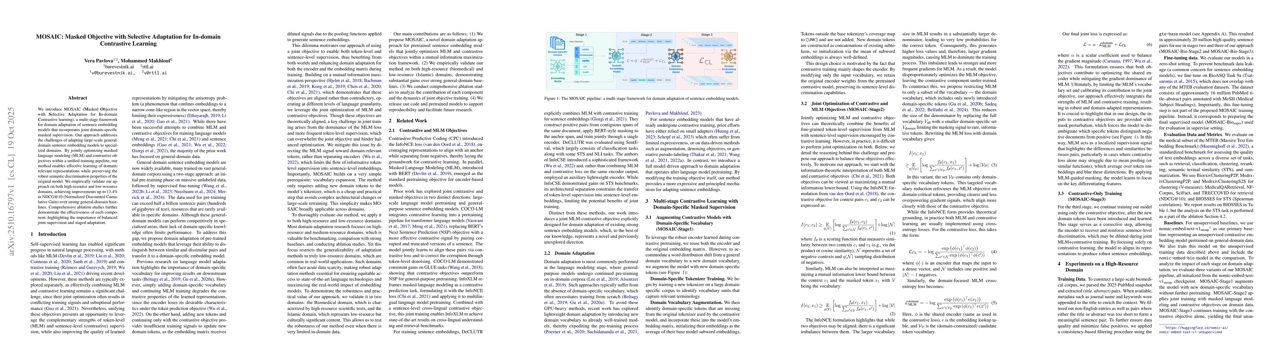 Thumbnail for MOSAIC: Masked Objective with Selective Adaptation for In-domain
  Contrastive Learning