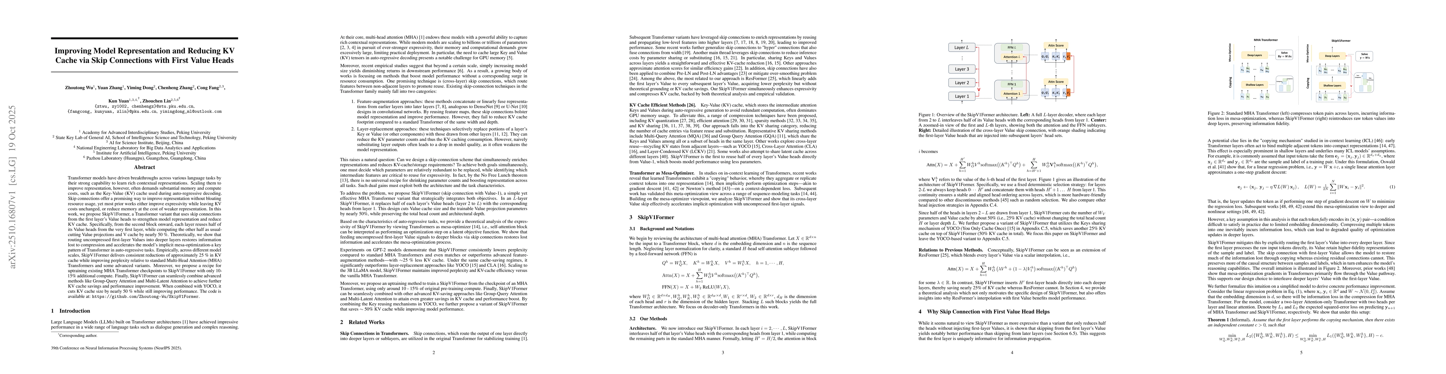 Thumbnail for Improving Model Representation and Reducing KV Cache via Skip
  Connections with First Value Heads